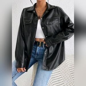 Black Faux Leather Women's Button Front Long Sleeve Shacket Size Large